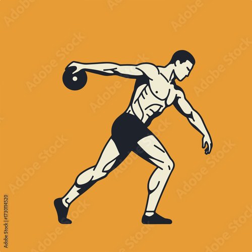 Disk thrower figure with arm extended, set against a solid, orange background