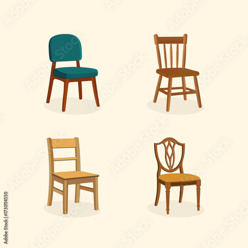 Classic Wooden Chair Vector Illustration – Four Chairs Styles for Interior Decor