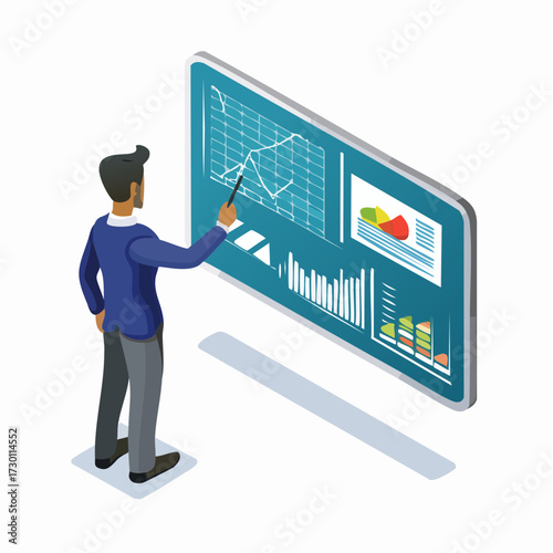 Man in blue suit pointing with a stick at a large screen displaying data charts and graphs, in an isometric view.