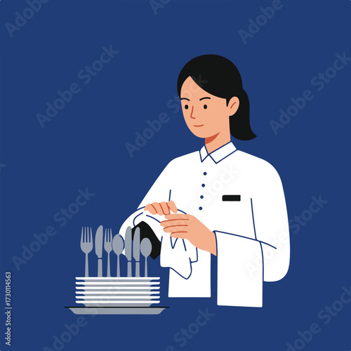 Waitress polishes silverware on tray with a towel on a dark blue background