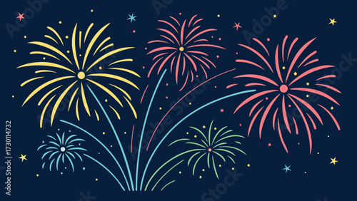 Colorful Fireworks Celebration on a Dark Night Sky. Stylized Vector Illustration for New Year, Festival, Event, or Party Background Banner
