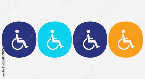 Collection of Accessibility Symbols Representing Disabled Individuals in Wheelchairs Displayed in Various Colored Circles