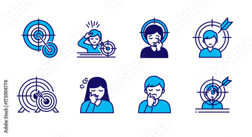 Illustrations depicting individuals struggling with focus and goals facing challenges and stress due to targets and objectives overload