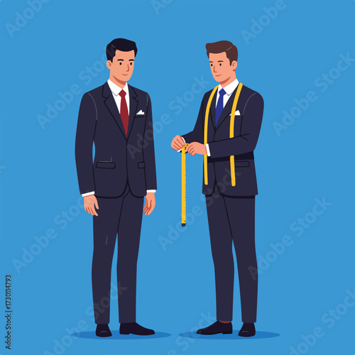 Man getting measured by a tailor in dark suit against a blue background