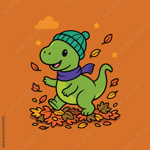 Cartoon baby T-Rex wearing an purple scarf and beanie hat, walking happily through a pile of autumn leaves