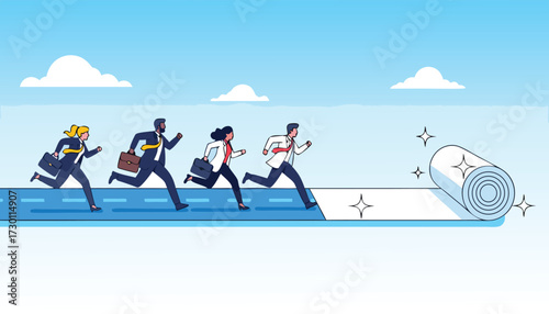 Vector art of business people running on a road that is being unrolled like a carpet, symbolizing progress and new opportunities 