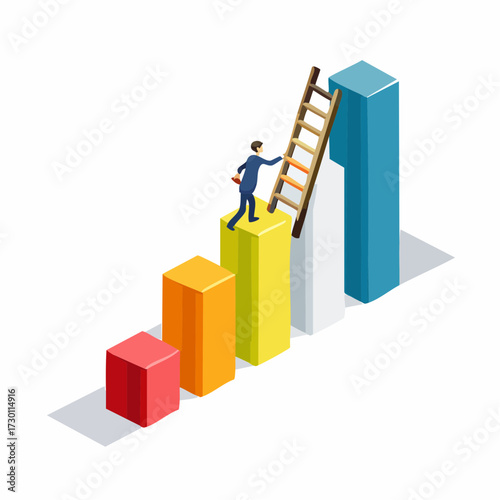 Isometric illustration of a businessman climbing a ladder on a colorful bar graph, representing career growth and success.