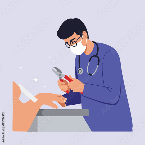Doctor trimming fingernail with pliers