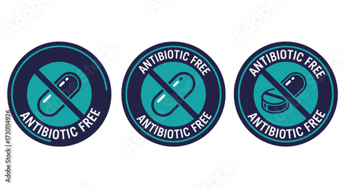 Round Antibiotic Free Labels Showing No Pills and Medication Icons Indicating Healthy and Safe Products