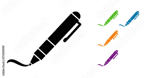 A Simple Illustration of a Black Pen Writing a Wavy Line Beside Four Smaller Pens in Various Colors on a White Background
