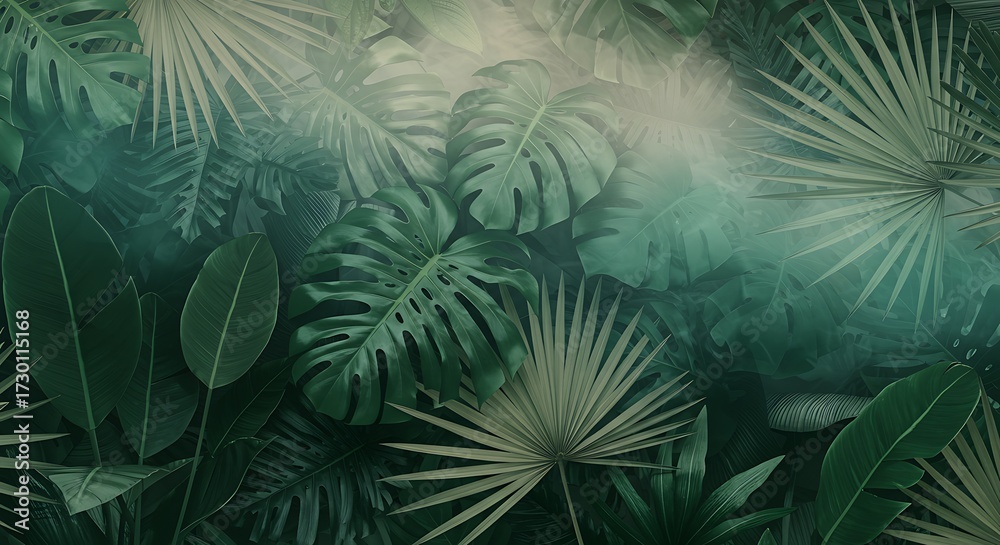 Fototapeta premium Lush green leaves of Monstera, banana and palm bathed in soft light,Exotic botanical escape: a serene and calming arrangement of tropical foliage, evoking a sense of tranquility