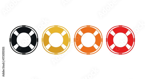 Four life preserver rings displayed in a horizontal row each with a different vibrant color representing safety and rescue assistance