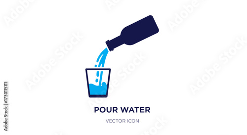 A dark blue bottle pouring a stream of clear blue liquid into a small clear blue glass representing the action of pouring water