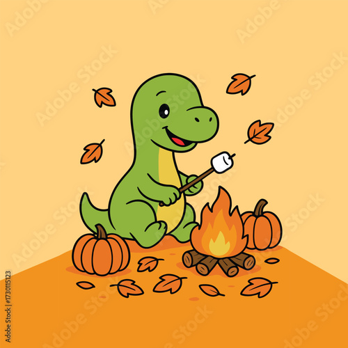 Cartoon Brontosaurus sitting by a small campfire, roasting marshmallows