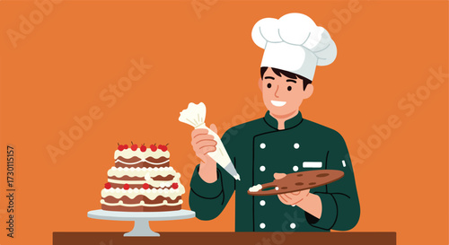 Pastry chef decorates cake with cherries against orange background
