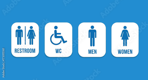 A selection of gender-neutral and accessible restroom signage and icons for public facilities including men women and disabled access symbols