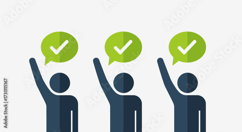 Collective agreement reached by a diverse group of people raising their hands with speech bubbles showing a green checkmark symbolizing consensus and successful collaboration
