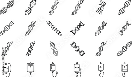 Hospital, Ambulance, DNA, Pills, Syringe, Stethoscope, Microscope, First Aid Kit, Thermometer, Report, Injection, Emergency Bell, Vaccine, Laboratory Flask, and Medical Cross Line Icons on White Backg