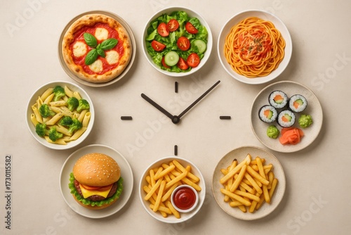 Wallpaper Mural Top-down view shows clock-shaped food spread around central clock hands Torontodigital.ca