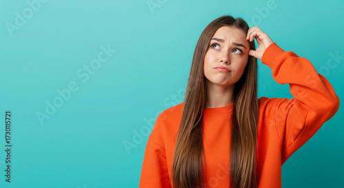 Stressed young woman ponders a difficult decision, looking up with a thoughtful expression against a vibrant teal background, perfect for conveying confusion or planning