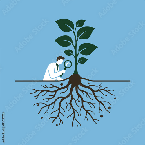 Scientist examining a plant with roots using a magnifying glass on blue