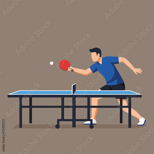 Man in blue shirt plays table tennis with a red paddle and white ball