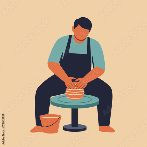 Potter forming a clay vase on wheel, wearing apron, with a bucket aside