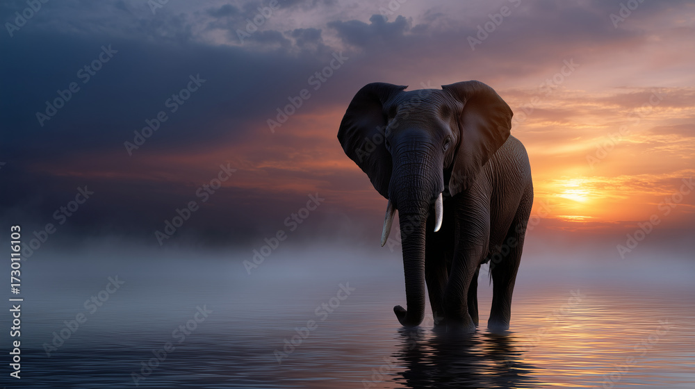 Obraz premium Elephant standing alone in misty shallow water under dramatic sunset sky, artistic wildlife scene, concept of solitude, strength, and beauty of nature. elephant misty water, dramat