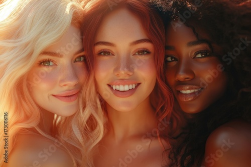 Three diverse women with vibrant hairstyles, showcasing a warm and friendly connection, radiate a sun-kissed beauty.