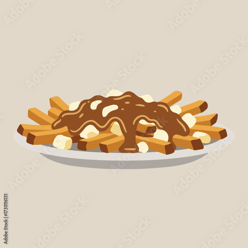 Poutine on plate with fries, cheese curds, and brown gravy topping