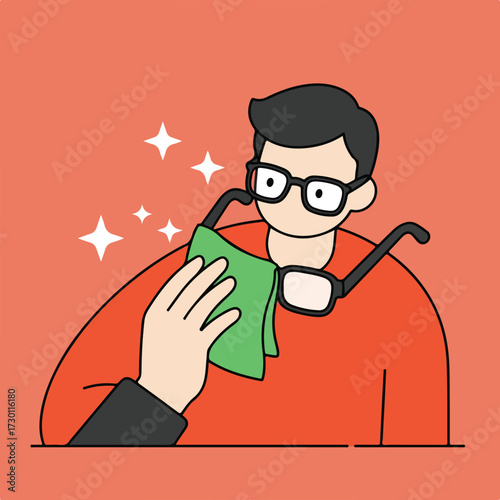 Person wiping eyeglasses with green cloth, sparkles indicate cleanliness