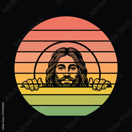 Jesus Christ Peeking Face Sunset Vintage Retro