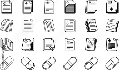 Hospital, Ambulance, DNA, Pills, Syringe, Stethoscope, Microscope, First Aid Kit, Thermometer, Report, Injection, Emergency Bell, Vaccine, Laboratory Flask, and Medical Cross Line Icons on White Backg