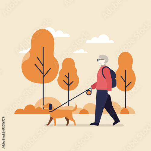 Elderly man walks dog in a park setting, with stylized trees and white clouds