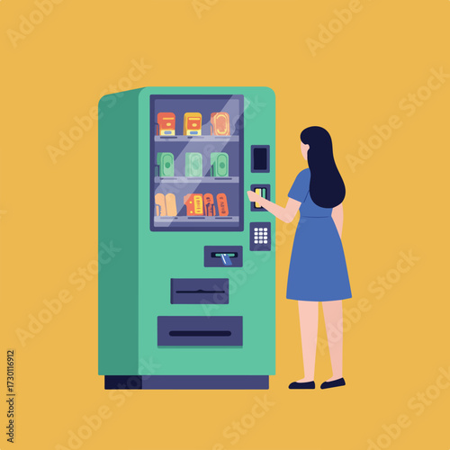 Woman using a mint-colored vending machine on a tan background