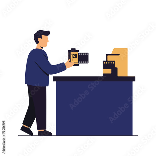 Flat vector of man loading film into processing equipment on desk