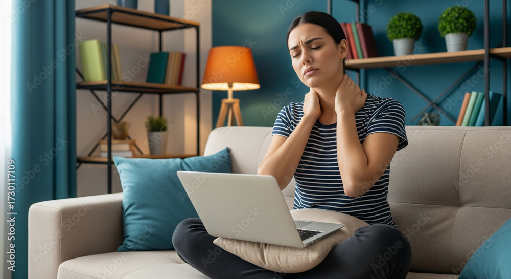 Naklejka premium Woman experiencing neck pain while working on laptop at home, highlighting work-life balance challenges and stress.