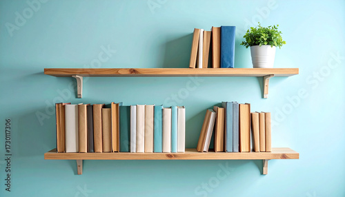 Wooden shelves are mounted on a light blue wall
