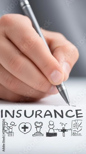 Hand writes insurance next to drawings of family, health, and property protection