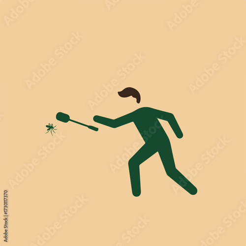 Figure chases bug with swatter, simplistic