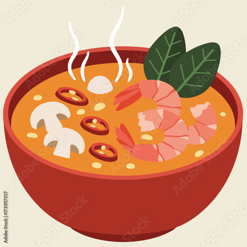 Stylized bowl of hot soup with shrimp, mushrooms, peppers and leaves