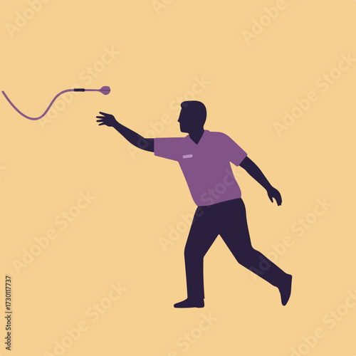 Silhouette of a person throwing a sperm-shaped object on a peach background