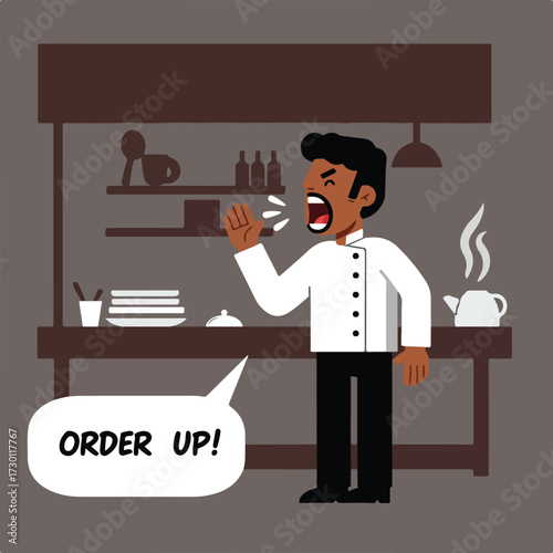Chef shouting "Order Up!" in a restaurant kitchen, plates & tea kettle on table