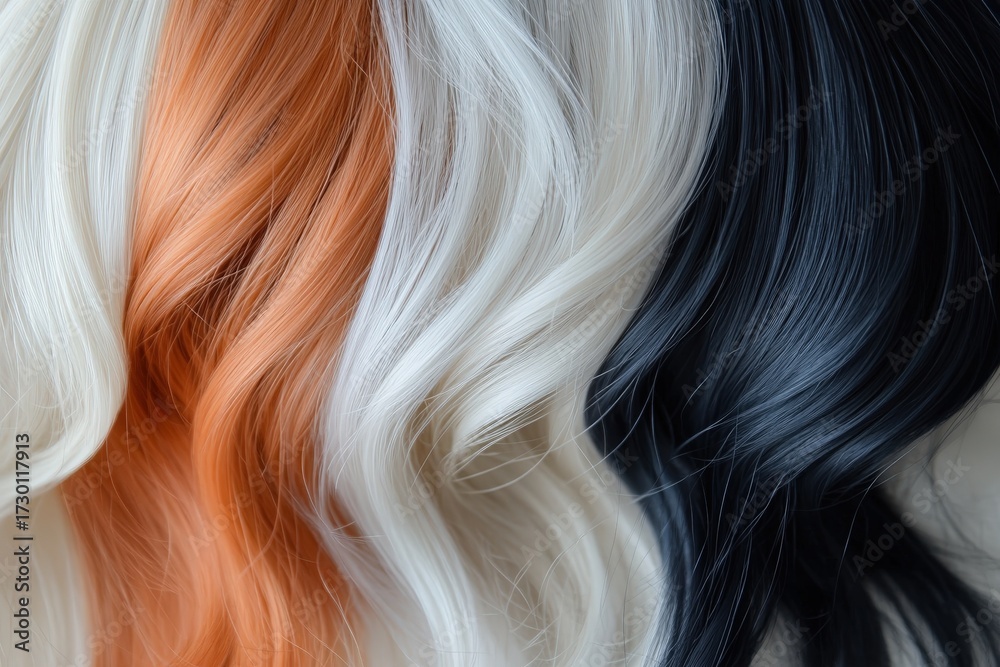 Naklejka premium Close-up view of a vibrant, wavy hairpiece with a mix of rich colors; soft, elegant, and beautiful.