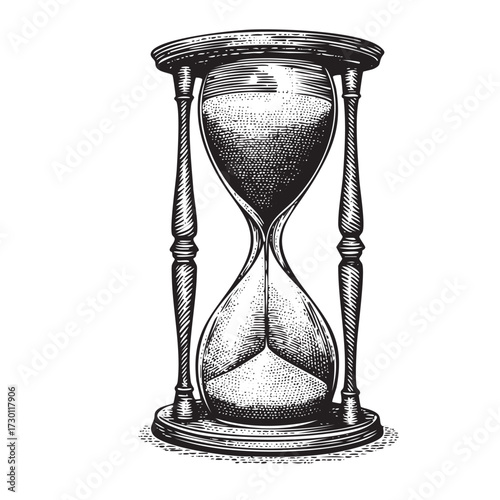 Vintage Hourglass Illustration – Detailed Black and White Engraved Time Symbol
