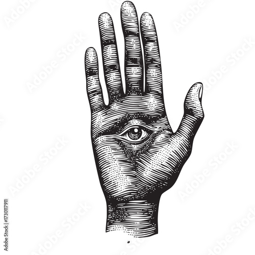 Mystic Hand with Eye Illustration – Vintage Engraved Esoteric Symbol Drawing
