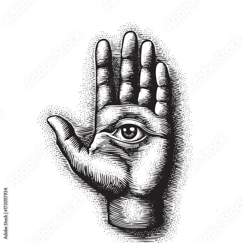 Mystic Hand with Eye Illustration – Vintage Engraved Esoteric Symbol Drawing
