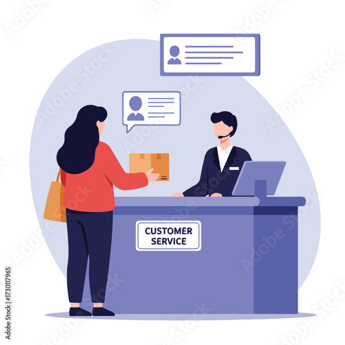 Customer returns package to help desk, with icons indicating profile information