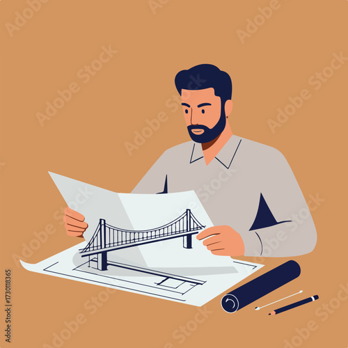 Man reviewing bridge blueprint on desk with tools