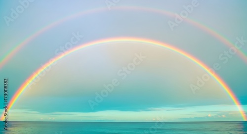 Stunning double rainbow arcing over the ocean horizon, creating a vibrant and peaceful scene full of hope and wonder for travel and lifestyle brands